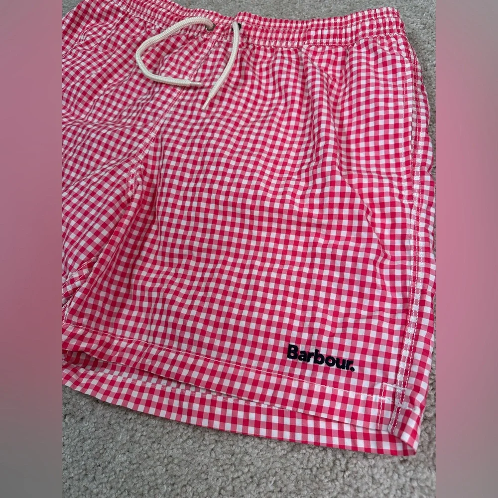Barbour Men’s M Swim Trunks Shorts Gingham Check Reddish Pink White Beach Pool - Picture 2 of 9
